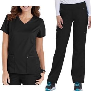 Healing Hands Purple Label Yoga Scrub Set - Black. Medium Top, Small Bottoms